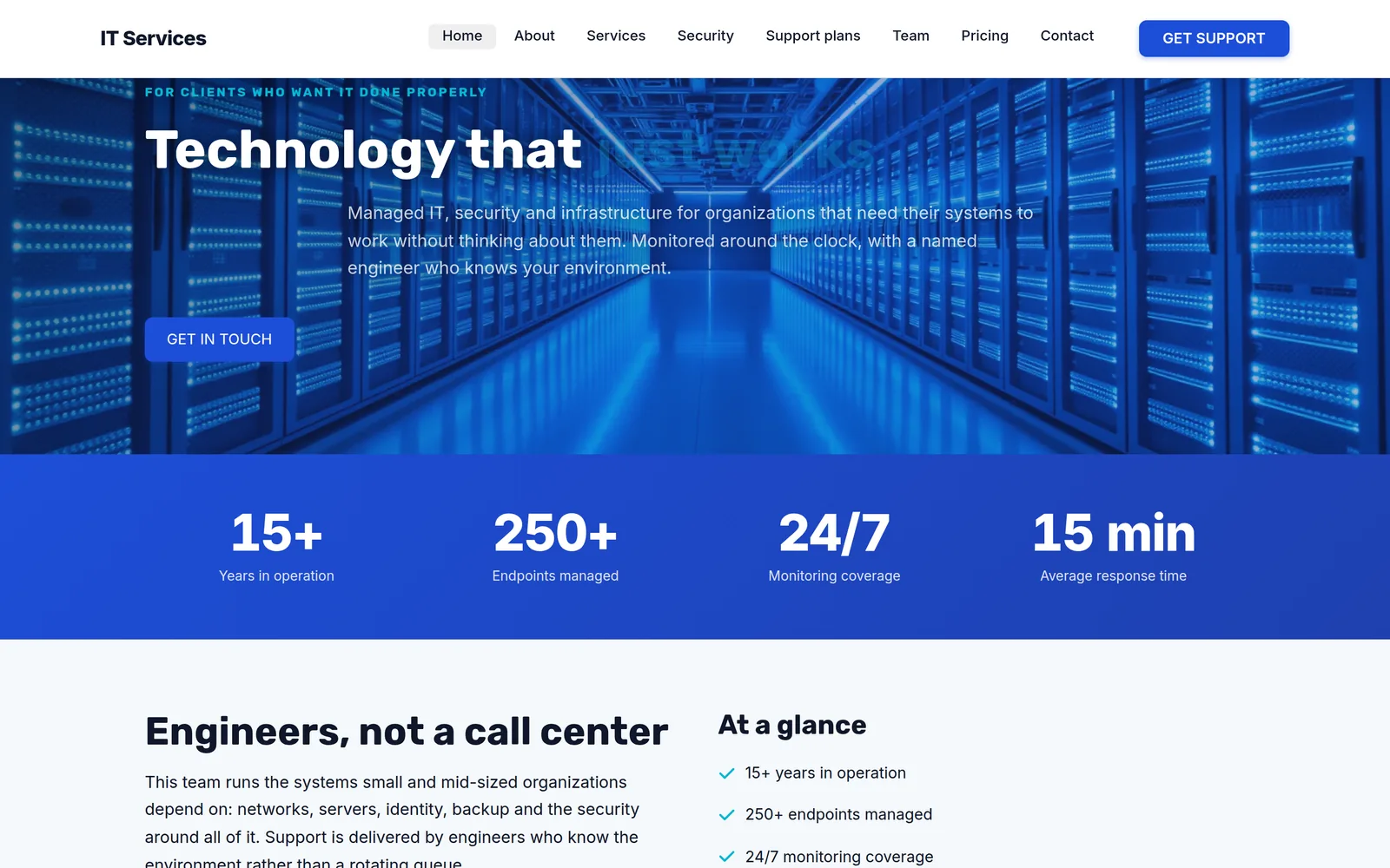 A page from the team shown in a browser